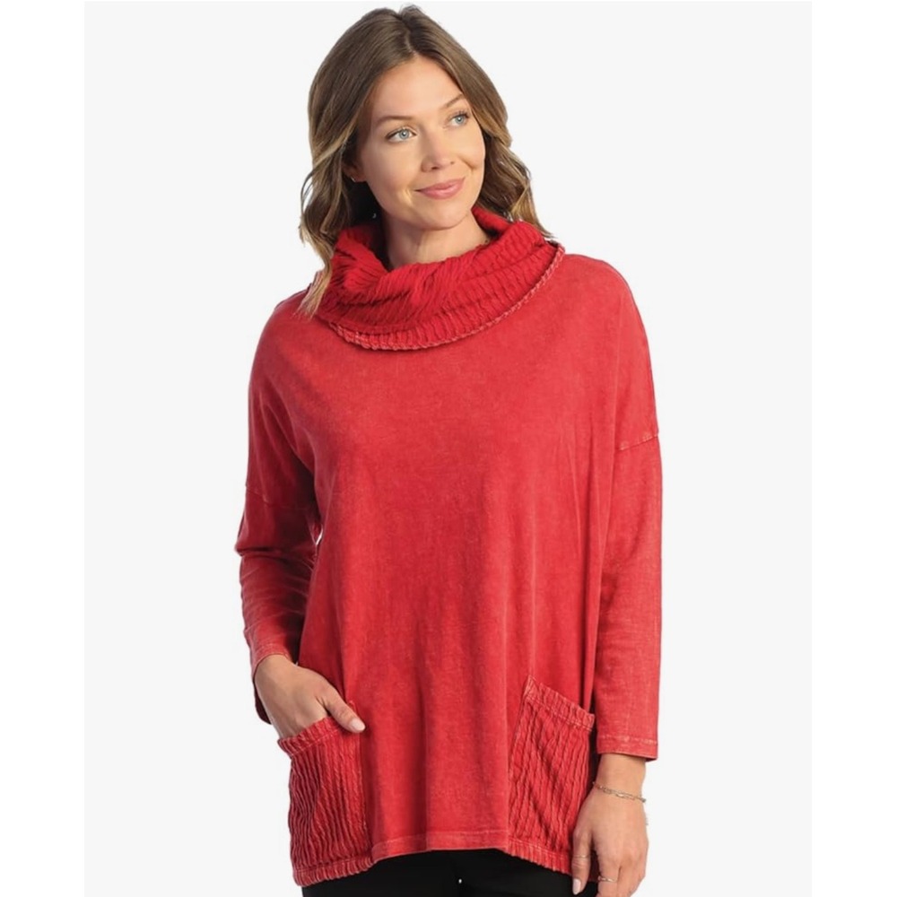 Jess & Jane 1X Cowl Neck Mineral Wash Tunic Top Pockets Long‎ Sleeve RED NWT